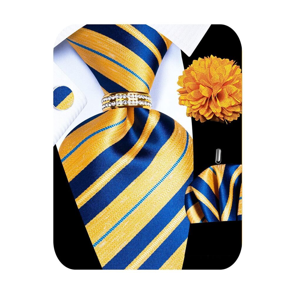 8878 5PCS Gold and Blue Striped Silk Designer Tie Pocket Square